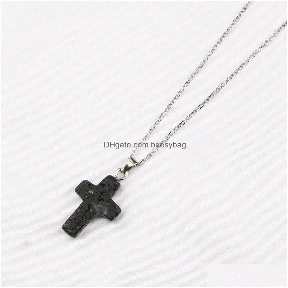 Pendant Necklaces Cross Star Hexagonal Prism Black Lava Stone Necklace Aromatherapy  Oil Per Diffuser Pendant Women Men Jewel Dh6Ui