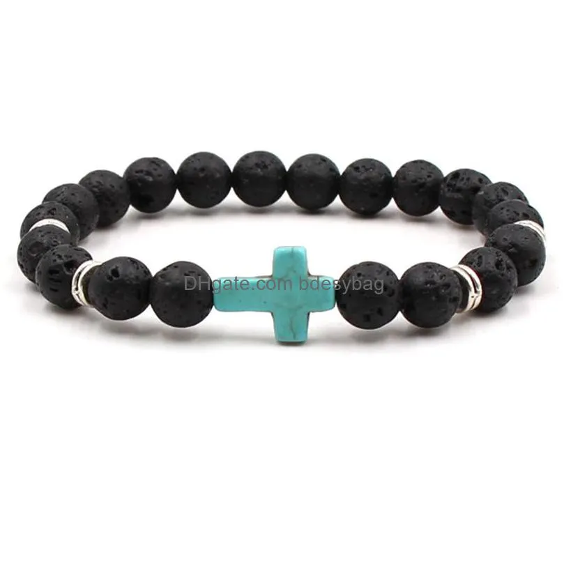 Charm Bracelets 2Styles Natural Black Lava Stone Cross Elastic Bracelet Aromatherapy Essential Oil Diffuser Fo Men Jewelry Drop Delive Dh5Lq