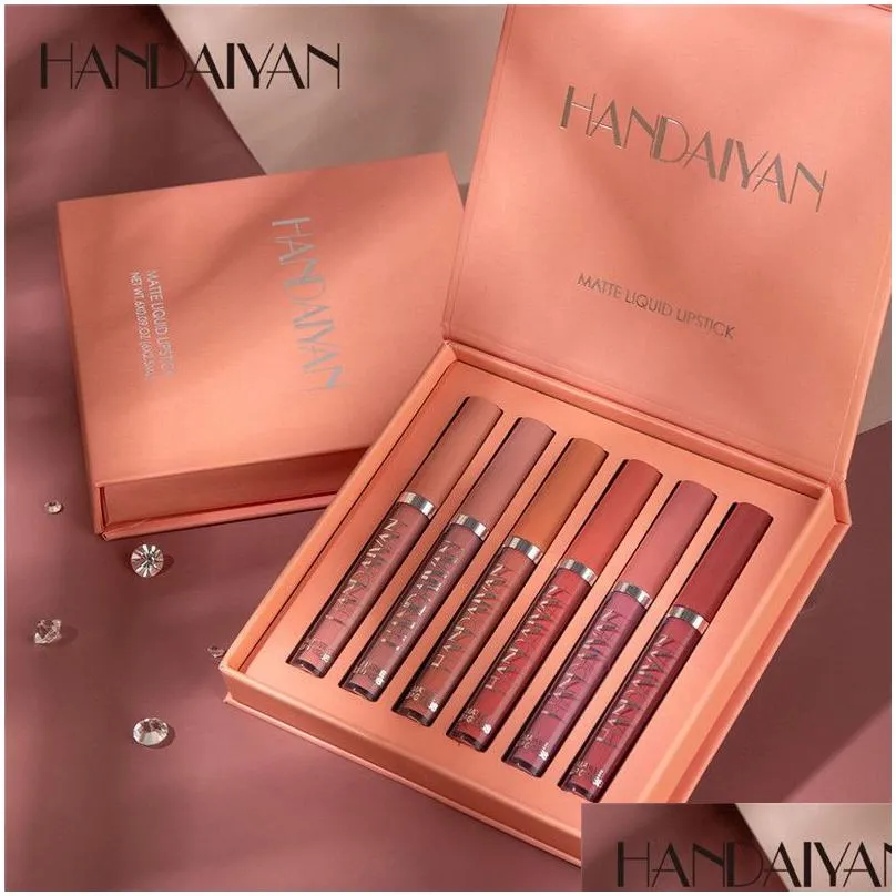 6PCS/SET Handaiyan velvet matte lip gloss purple red earth nude pigment long lasting waterproof liquid lipstick cream