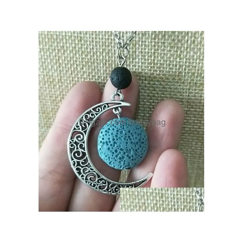 Pendant Necklaces Fashion Sier Color Round Lava Stone Moon Necklace Volcanic Rock Aromatherapy  Oil Diffuser For Women Jewelr Dhabr