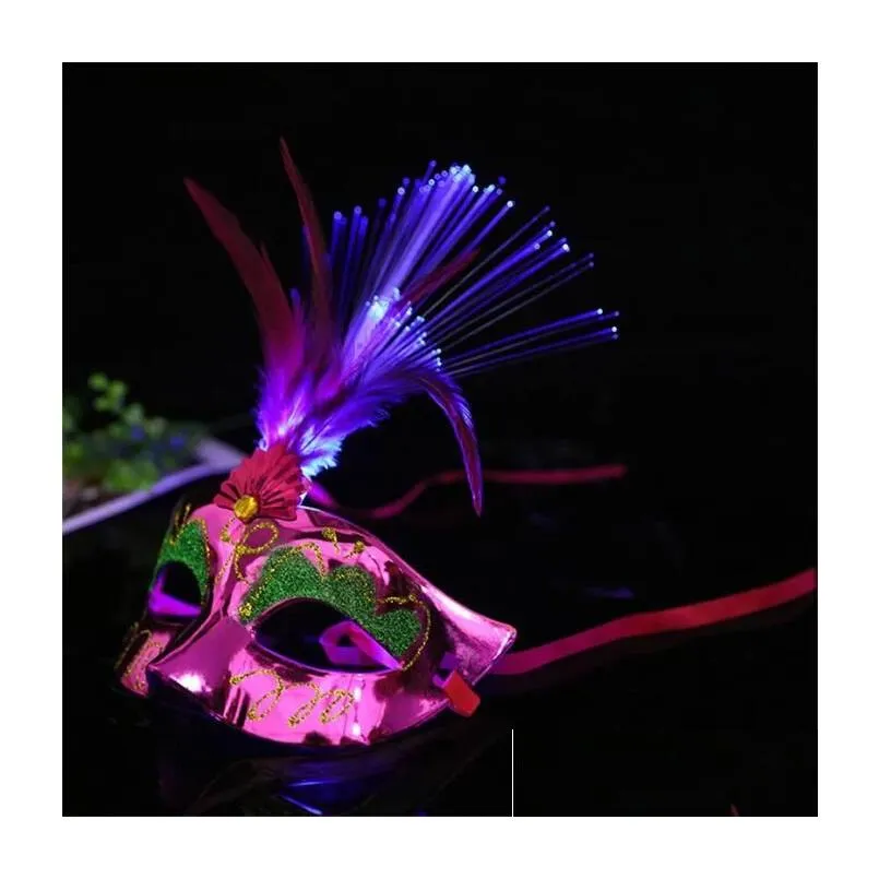 Party Masks Led Fiber Light Up Mask Masquerade Fancy Dress Party Princess Feather Glowing Drop Delivery Home Garden Festive Party Supp Dhbb7