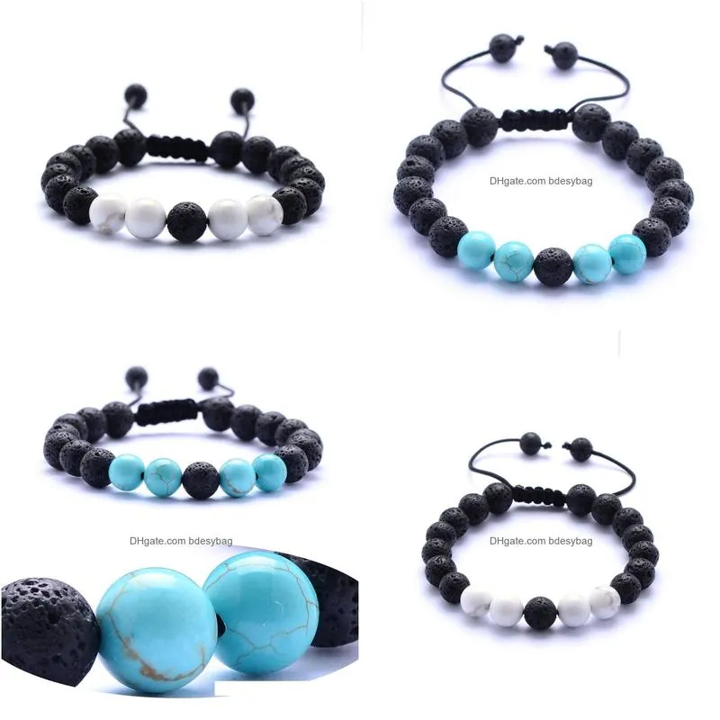 Charm Bracelets Natural Turquoise Black Lava Stone Bead Weave Per Bracelet Aromatherapy Essential Oil Diffuser For Women Men Jewelry D Dhe8L