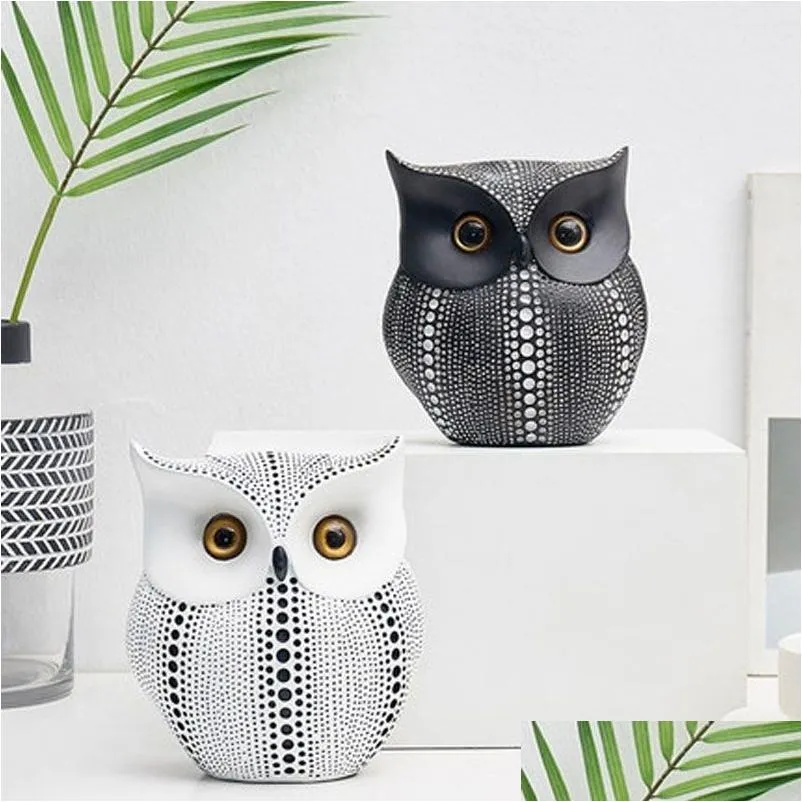 Nordic Style Minimalist Craft White Black Owls Animal Figurines Resin Miniatures Home Decoration Living Room Ornaments Crafts Y200106