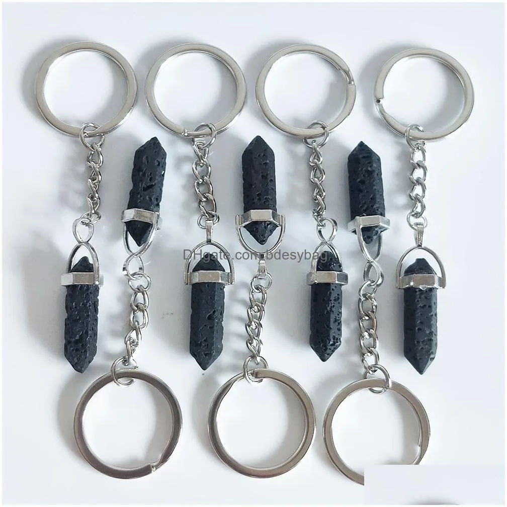 Key Rings Black Lava Stone Hexagonal Prism Key Rings Keychains Car Decor Chain Keyholder For Women Men Drop Delivery Jewelry Dhhzc