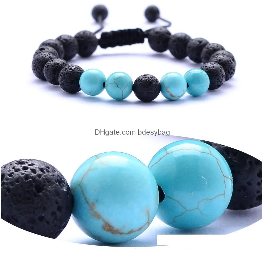 Charm Bracelets Natural Turquoise Black Lava Stone Bead Weave Per Bracelet Aromatherapy Essential Oil Diffuser For Women Men Jewelry D Dhe8L