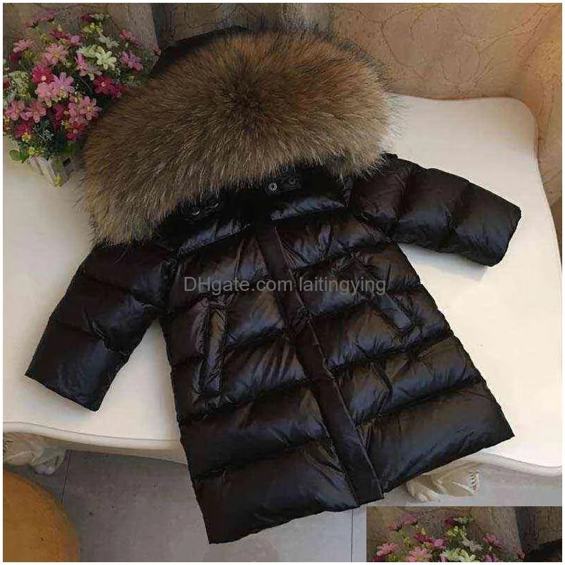 children girl boy winter real fur thickened down jackets 90 long coat jacket overcoat 1-12y baby kids clothing -30 outwear 211203