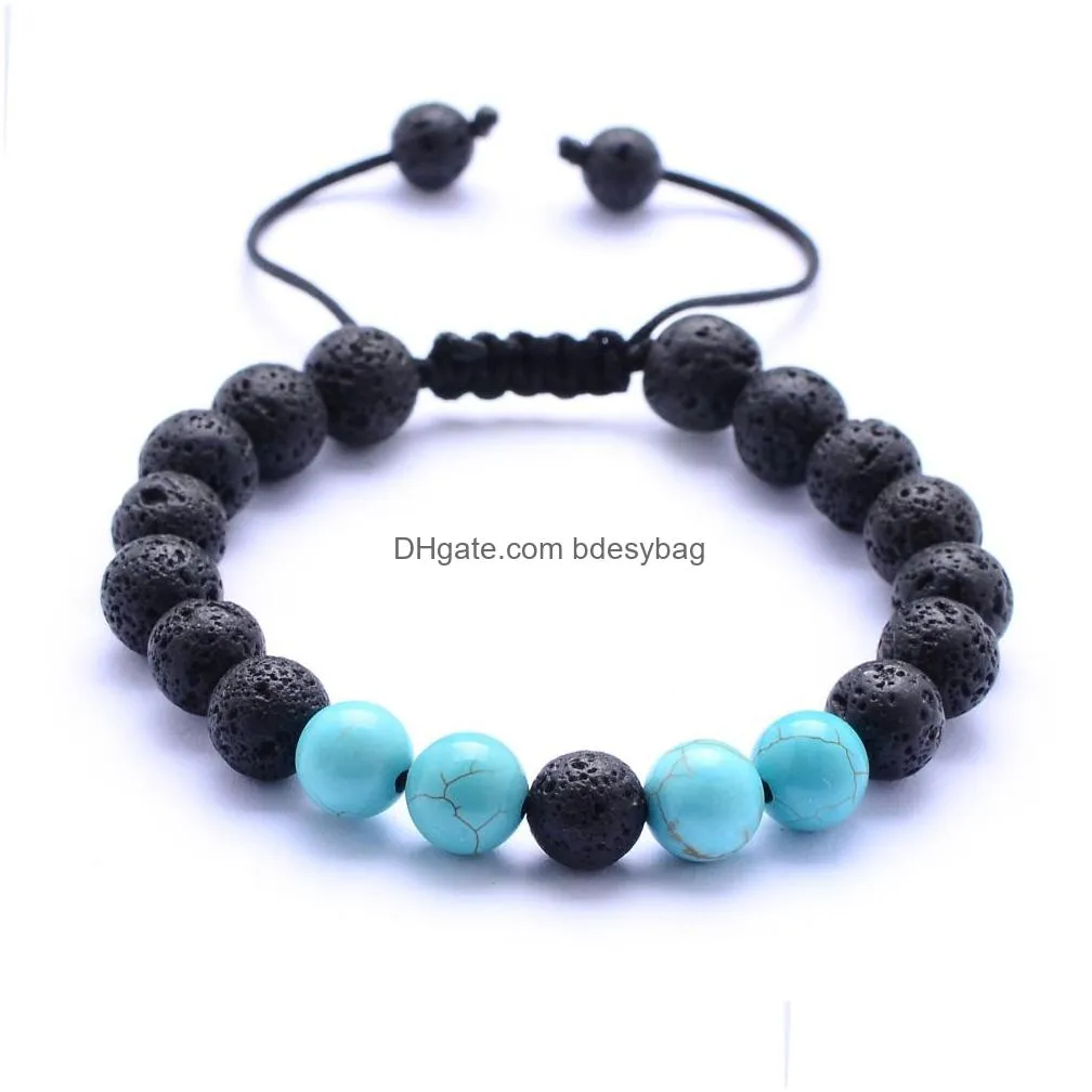 Charm Bracelets Natural Turquoise Black Lava Stone Bead Weave Per Bracelet Aromatherapy Essential Oil Diffuser For Women Men Jewelry D Dhe8L