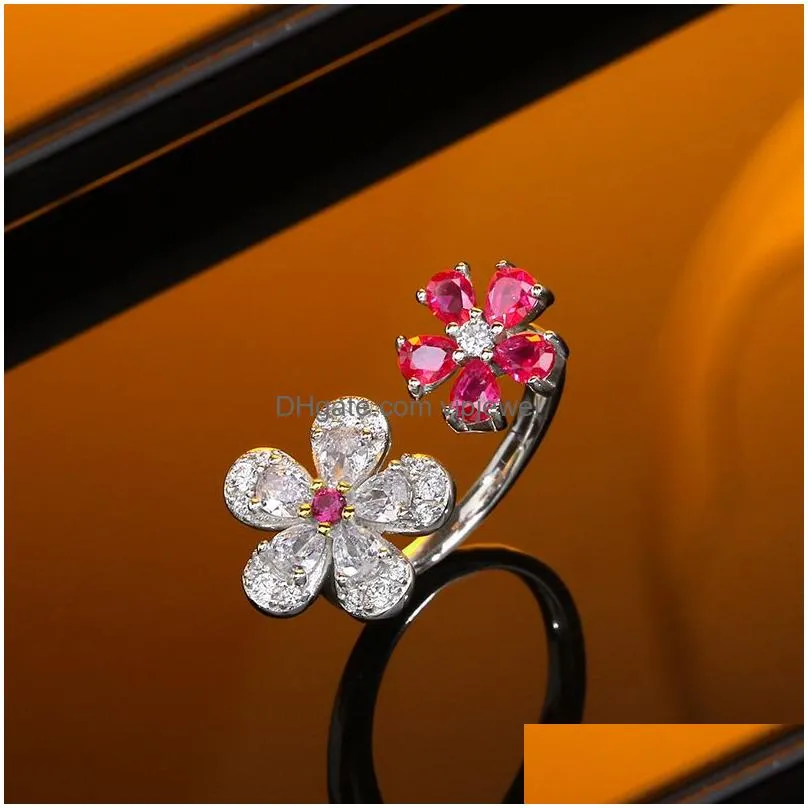  unique design 925 sterling silver flower petal opening adjustable clear crystal ring sweet female fashion girl gift