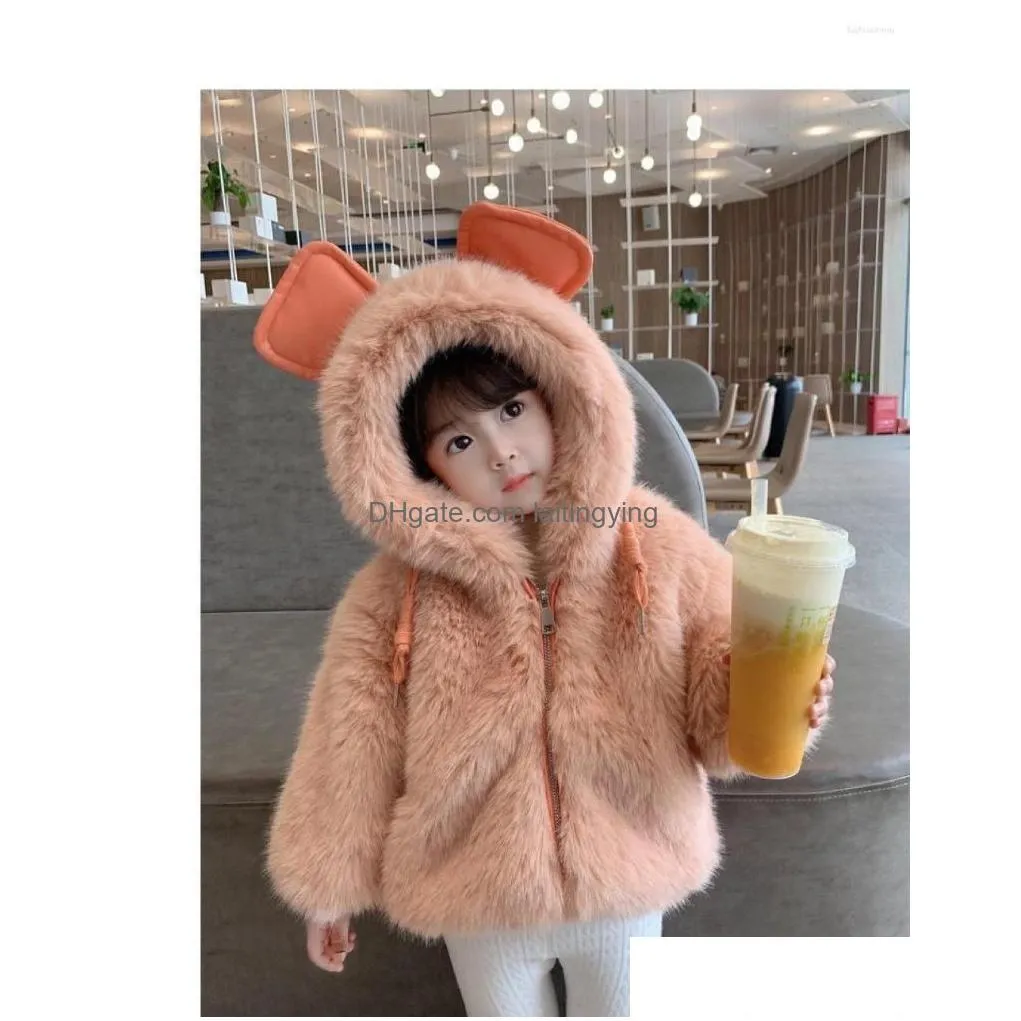 jackets 2023 winter baby girls fur hooded coat korean version kids thicken sweaters undershirt children solid color outwear jacket