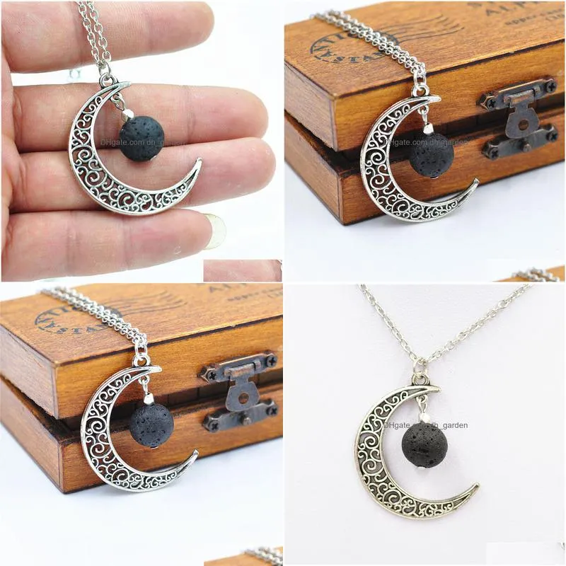 Pendant Necklaces Fashion 14Mm Lava Stone Moon Necklace Volcanic Rock Aromatherapy Essential Oil Diffuser For Women Jewelry Dhgarden Dh1Zv