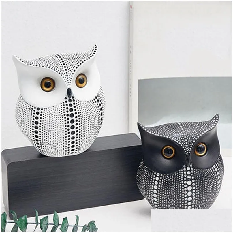 Nordic Style Minimalist Craft White Black Owls Animal Figurines Resin Miniatures Home Decoration Living Room Ornaments Crafts Y200106