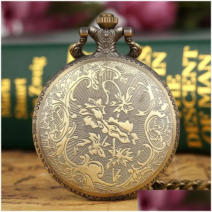 Bronze Vintage Pocket Watch Quartz Angling Design Pendant with Chain for Men and Women