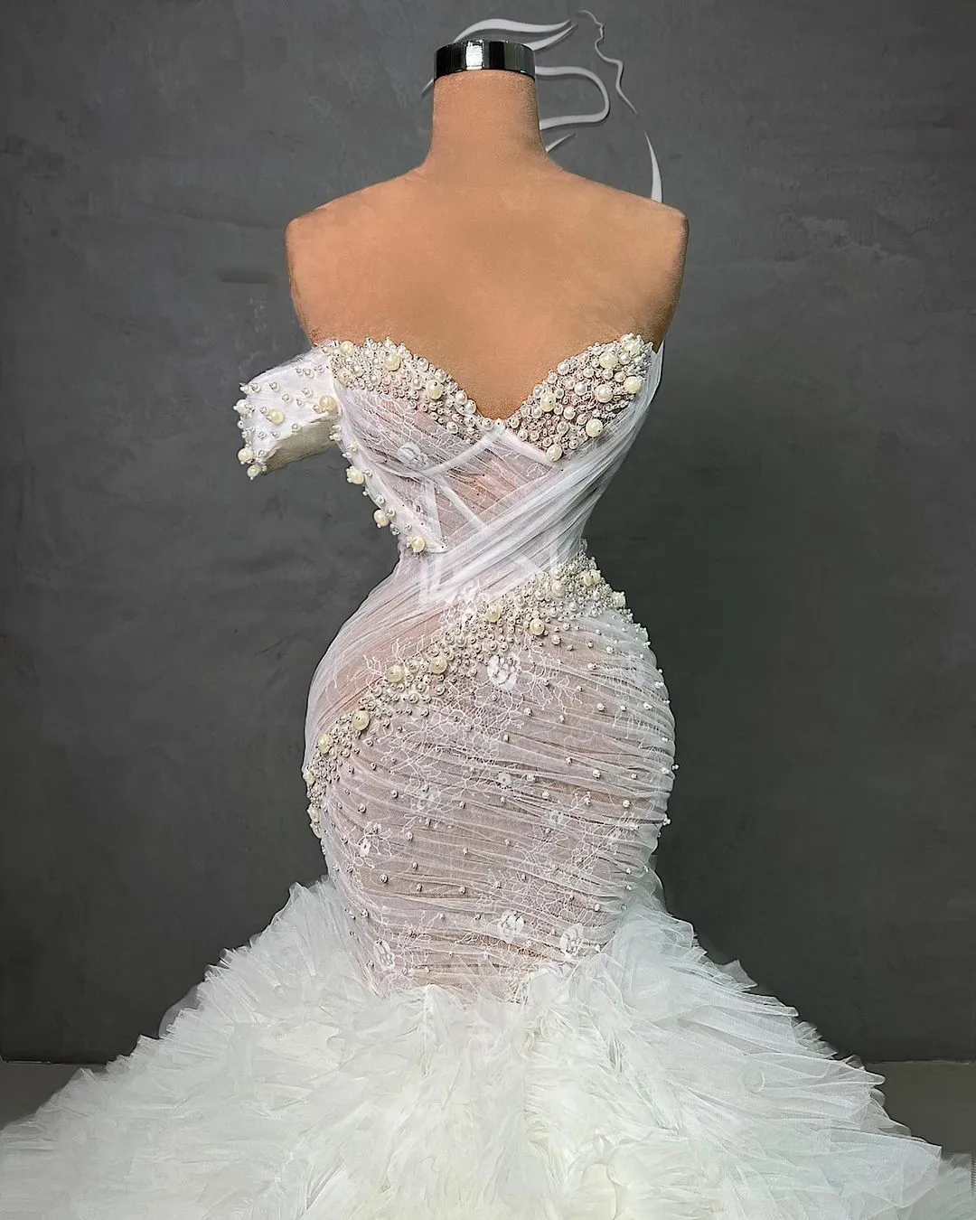 Gorgeous Mermaid Wedding Dresses Sweetheart Off the Shoulder Tulle Pearls Pleats Backless Zipper Court Gown Custom Made Plus Size Bridal Gown Vestidos De Novia
