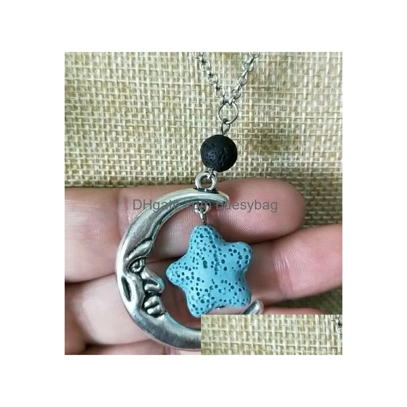 Pendant Necklaces Vintage Sier Color Starfish Lava Stone Moon Diffuser Necklace Volcanic Rock Aromatherapy Essential Oil For Drop Deli Dhgqg