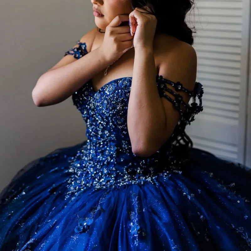 Glitter Navy Blue Quinceanera Dress V-Neck Off The Shoulder Appliques Lace Beads Cut-Out Beads Sequin For 15 Girls Ball Formal Gowns