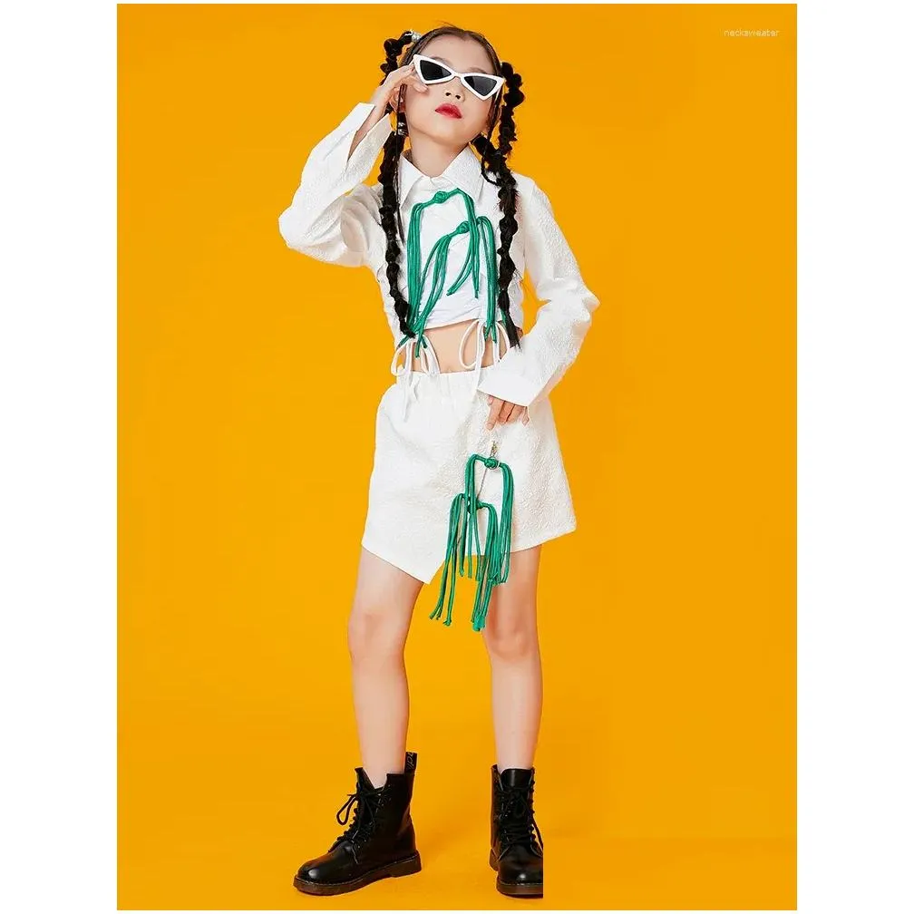 Stage Wear Girls` Runway Show Costumes Children Hip-Hop Street Dance White Green Loose Suit Jazz Rave Clothes DQS14480