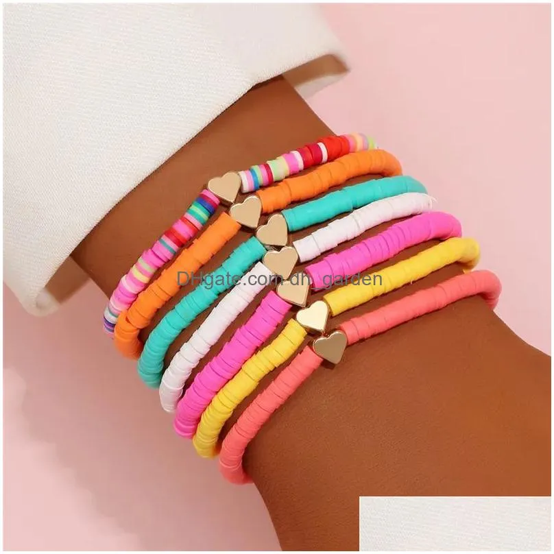 7pcs surfer heishi bracelets set beads strands rainbow gold love heart charm stretch 4mm soft clay stackable boho wristbands gifts ll