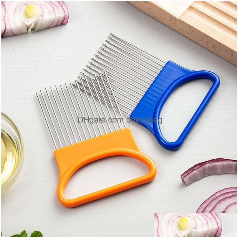 Fruit & Vegetable Tools Mtifunctional Stainless Steel Onion Needle Fork Pine Meat Vegetable Fruit Slicer Tomato Cutter Cutting Holder Dhufp