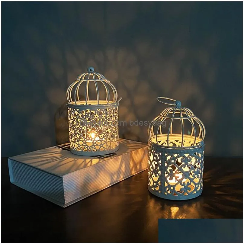Candle Holders Hollow Metal Iron Candle Stick Holder Hanging Birdcage Tealight Lantern Holders For Table Wedding Party Home Drop Deliv Dhfsm