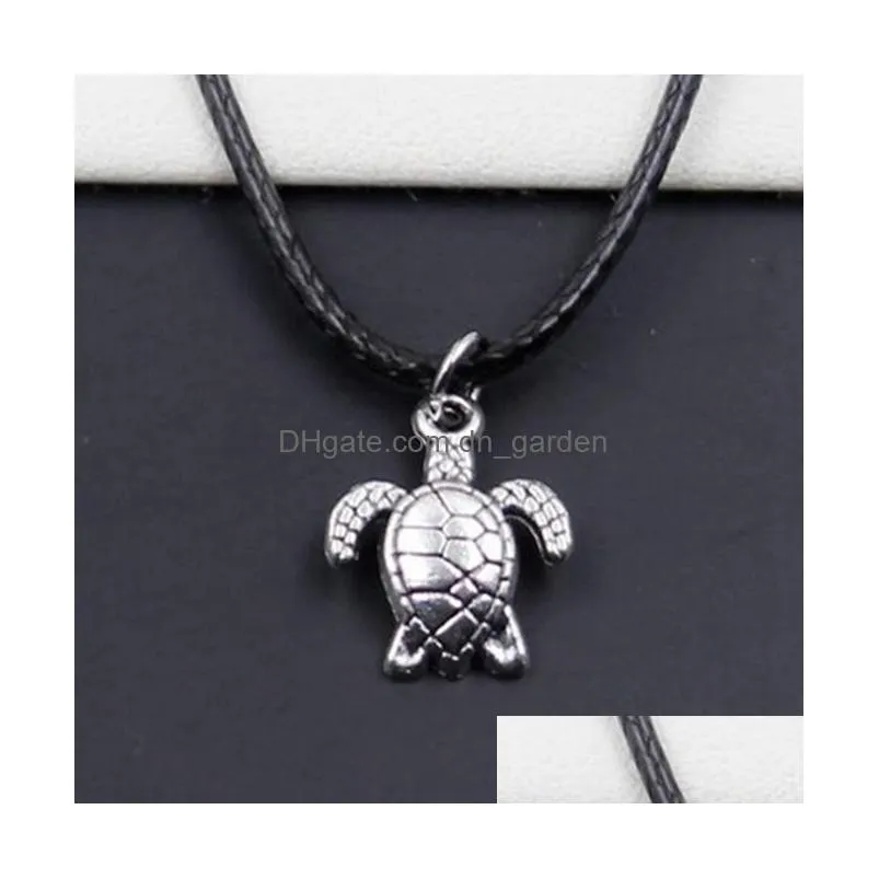  ship 20pcs/lot antique silver turtle tortoise sea choker charms black leather necklace diy