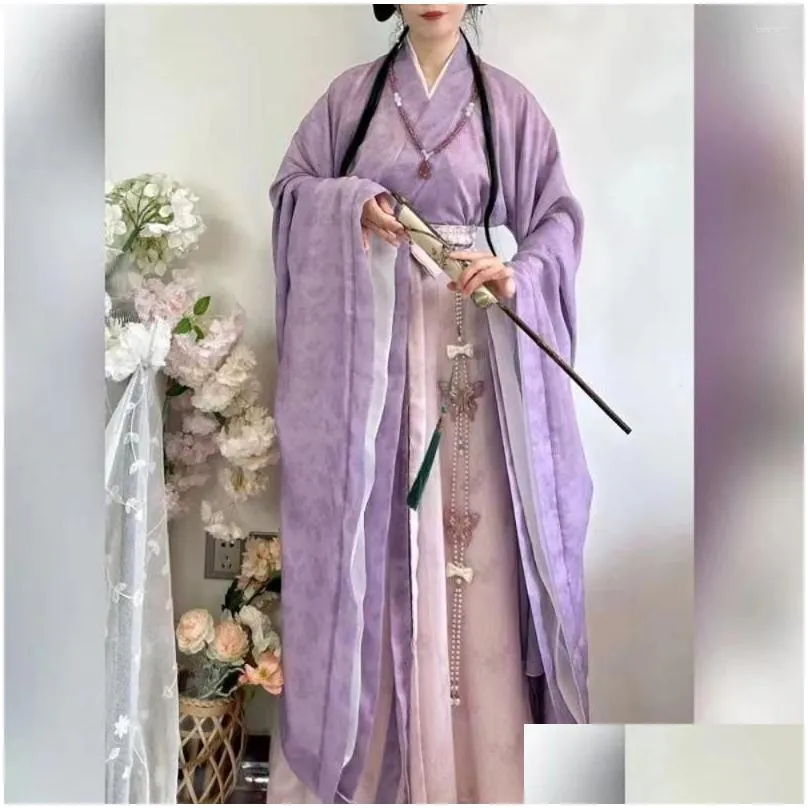 Stage Wear 4pcs Halloween Costumes For Women Hanfu Set Kimono Shirt Pleated Skirt Gradual Ancient Clothing Chinese Folk Dance