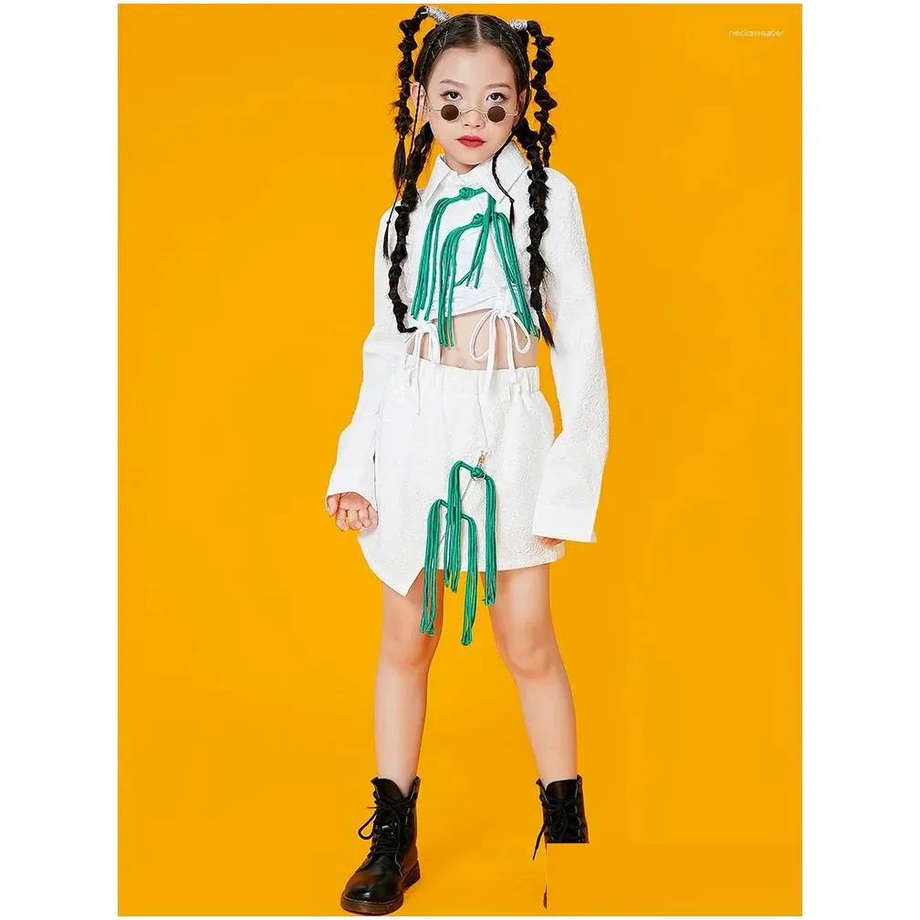 Stage Wear Girls` Runway Show Costumes Children Hip-Hop Street Dance White Green Loose Suit Jazz Rave Clothes DQS14480