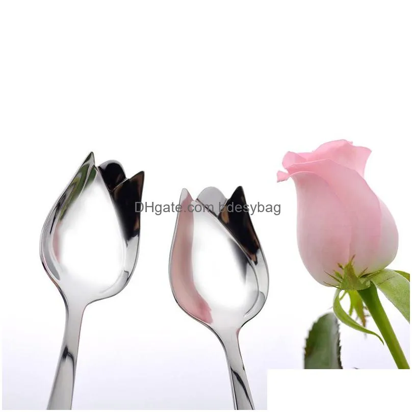 silver long handle stainless steel mirror polishing dinner mixing spoon delicate rose shaped tableware flatware lx2758