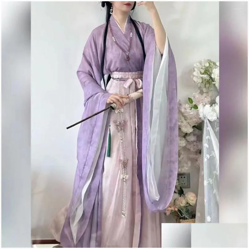 Stage Wear 4pcs Halloween Costumes For Women Hanfu Set Kimono Shirt Pleated Skirt Gradual Ancient Clothing Chinese Folk Dance