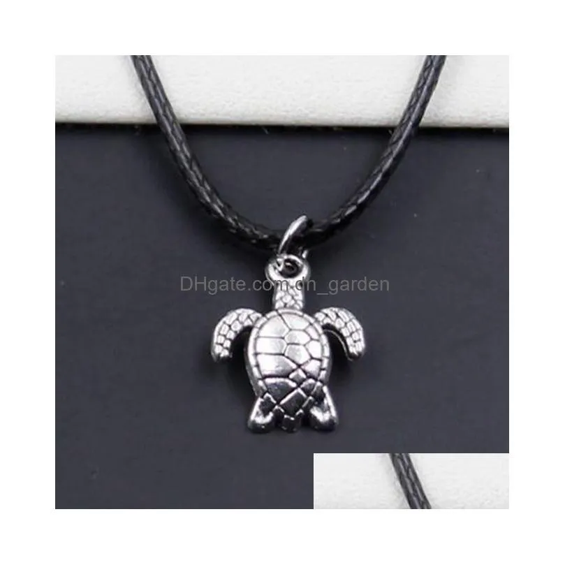  ship 20pcs/lot antique silver turtle tortoise sea choker charms black leather necklace diy