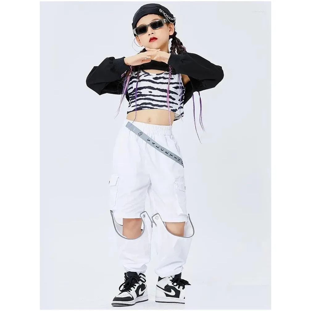 Stage Wear 2023 Jazz Dance Performance Costumes For Kids Black Crop Tops Loose White Pants Suit Girls Hip Hop Clothes DQS8212