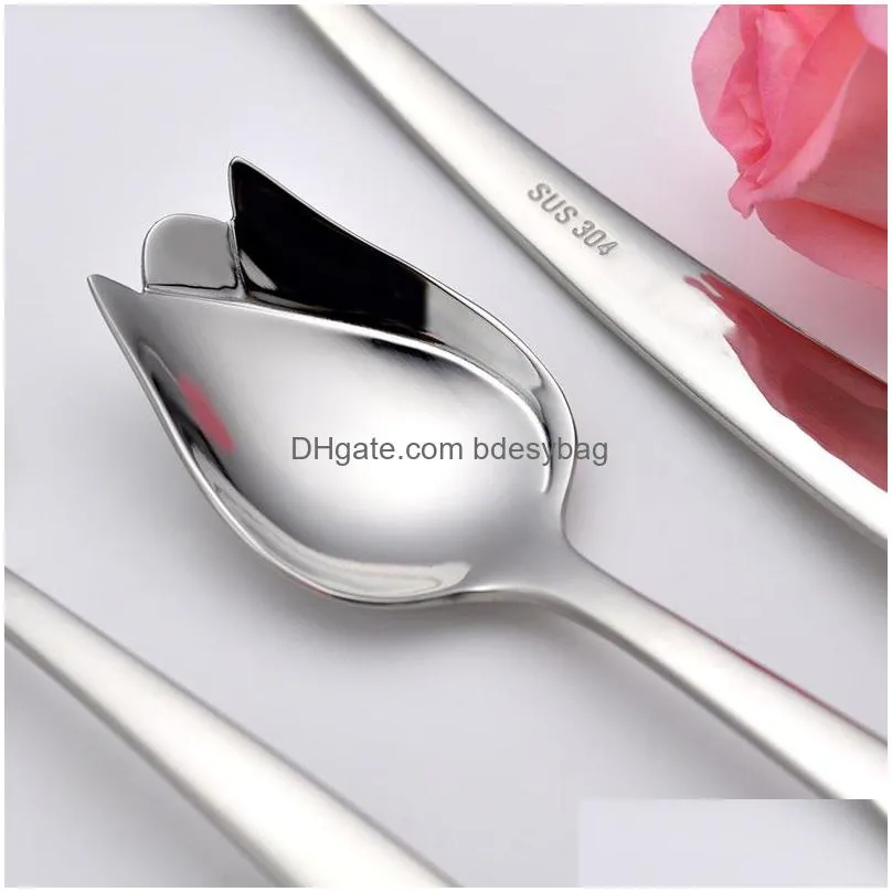 silver long handle stainless steel mirror polishing dinner mixing spoon delicate rose shaped tableware flatware lx2758