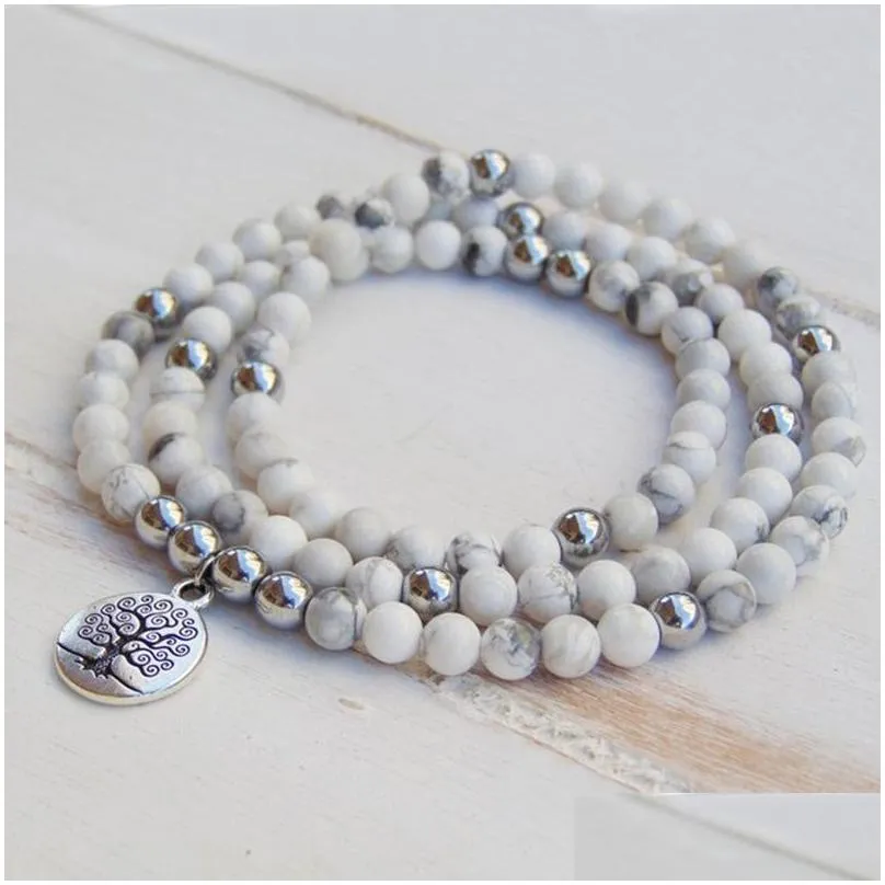 108 Prayer Beads Bracelet 6mm Natural Howlite Beaded Wrap Bracelet Tree Of Life Mala Wrist Women Men Y200730