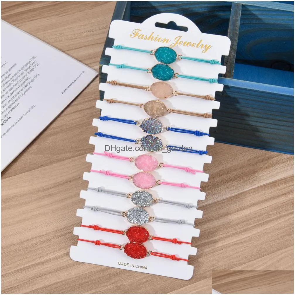 boho 12pcs sets elastic natural stone druzy oval charms bracelet women girl kids adjustable rope chain crystal wristband jewelry309g