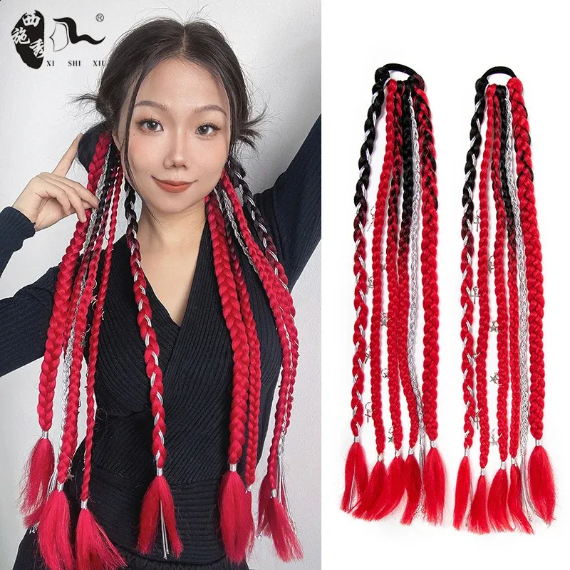 Ponytails Synthetic Braided Hair Extensions Long Braided Ponytail Braids Cute Hip Hop tail With Hair Tie For Girls Colorful Fake Hair 231116