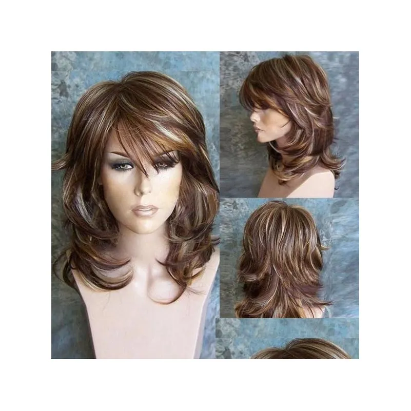 Synthetic Wigs SuQ Medium Long Wig For Women Women`s Hair Mixed Brown And Black Wavy African Female Haircut Puffy Natural Tobi22