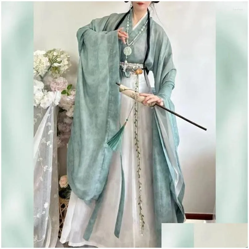 Stage Wear 4pcs Halloween Costumes For Women Hanfu Set Kimono Shirt Pleated Skirt Gradual Ancient Clothing Chinese Folk Dance