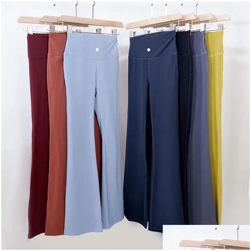 LL Yoga Flared Pants Grooved Long Ladies High Waist Slim Fit Belly Bell-bottom Trousers Shows Legs Yoga Fitness Net Solid Color