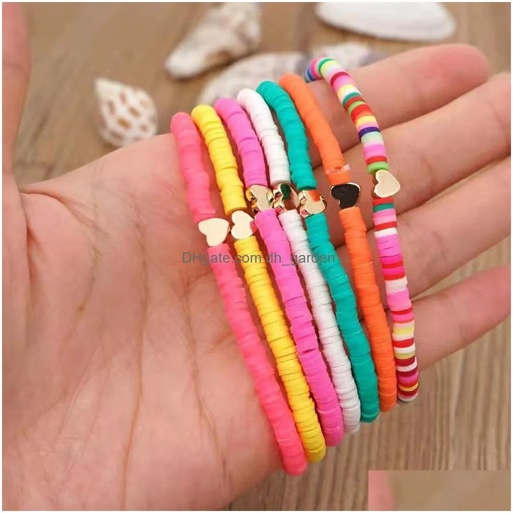 7pcs surfer heishi bracelets set beads strands rainbow gold love heart charm stretch 4mm soft clay stackable boho wristbands gifts summer beach jewelry