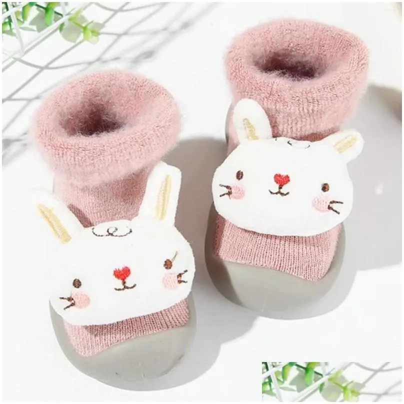 First Walkers Warm Winter Baby Socks Cartoon Coral Velvet Non Slip Cute H Ear Footy Shoes For Girls Kids Toddler