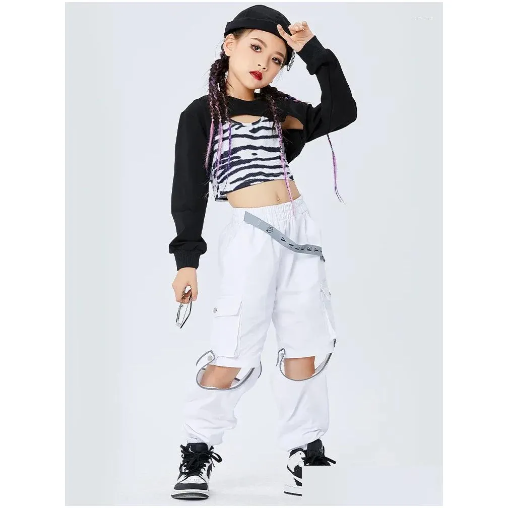 Stage Wear 2023 Jazz Dance Performance Costumes For Kids Black Crop Tops Loose White Pants Suit Girls Hip Hop Clothes DQS8212