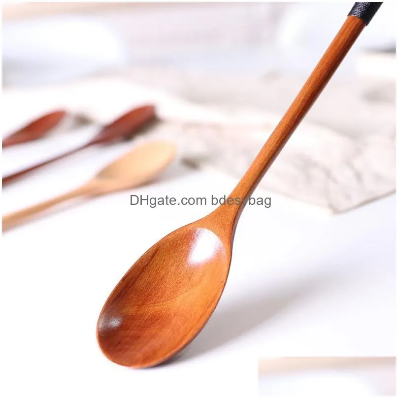 Spoons Japanese Style Wooden Long Handle Spoon Coffee Tea Stirring Spoons Dessert Honey Soup Cutlerykitchen Tools Tableware Dinnerware Dhc45