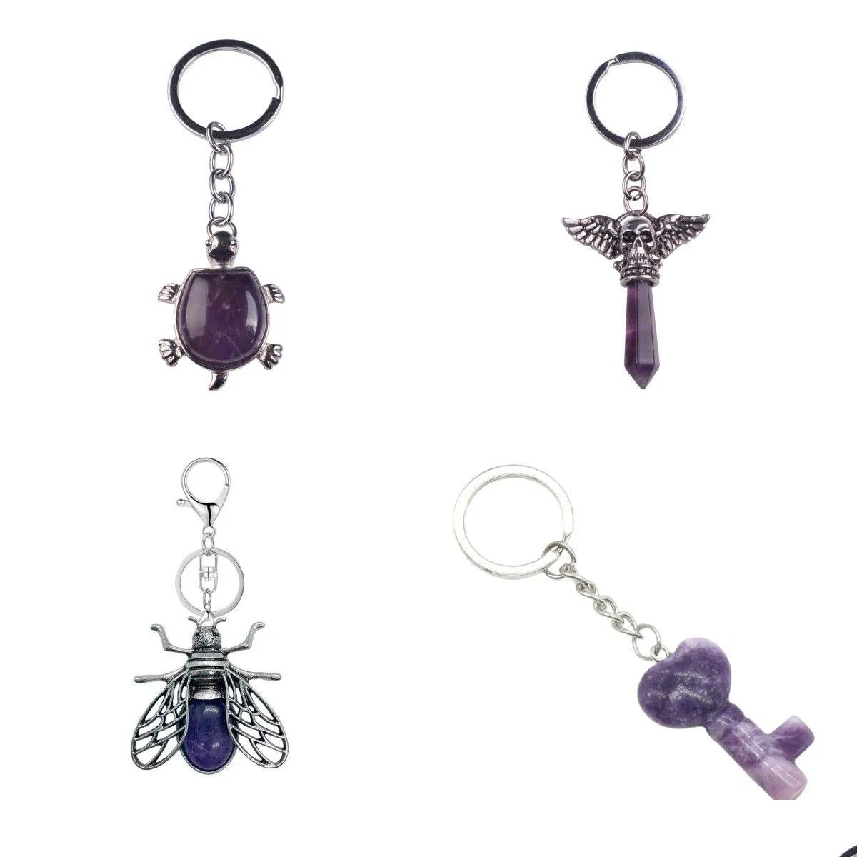 wholesale natural amethyst gemstone keychain copper fashion turtle dragon charms key ring for women men gift