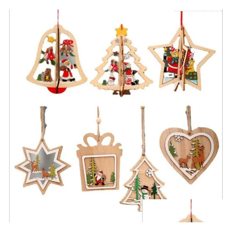 stock 3d wooden christmas pendant for christmas tree decoration wooden hanging crafts for children wood christmas ornaments