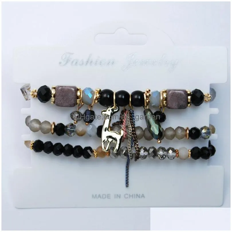 charm bracelets 3 pcs/set christmas bangles for women boho crystal beads nature stone bracelet with deer wristband femme jewelry gifts