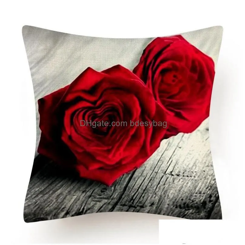 Cushion/Decorative Pillow Red Rose Flower Butterfly Print Cushion Er Sofa Office Flax Pillowcase Decor Wedding Bed Decoration Lumbar D Dhcoq