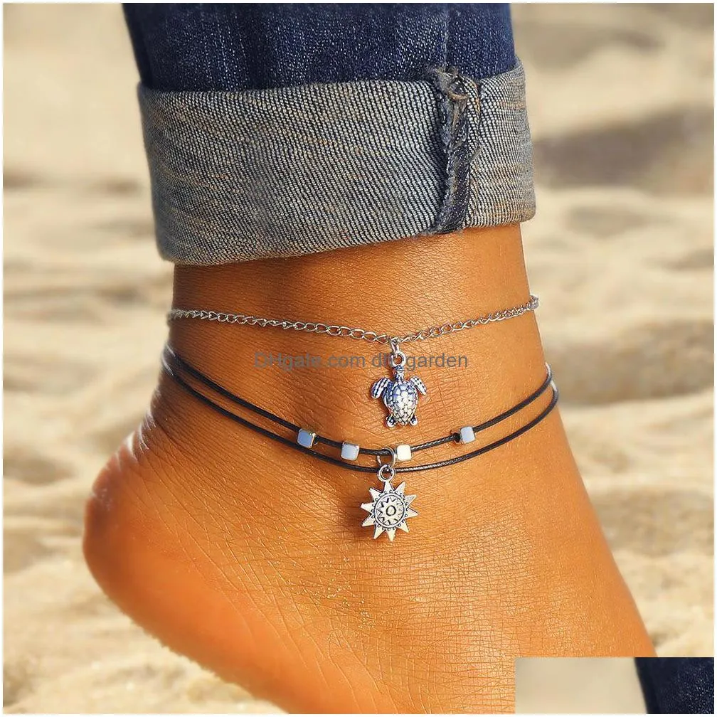 vintage multi layered turtle pendant anklet for women boho sun beads charm ankle bracelet summer beach leg chain foot jewelry