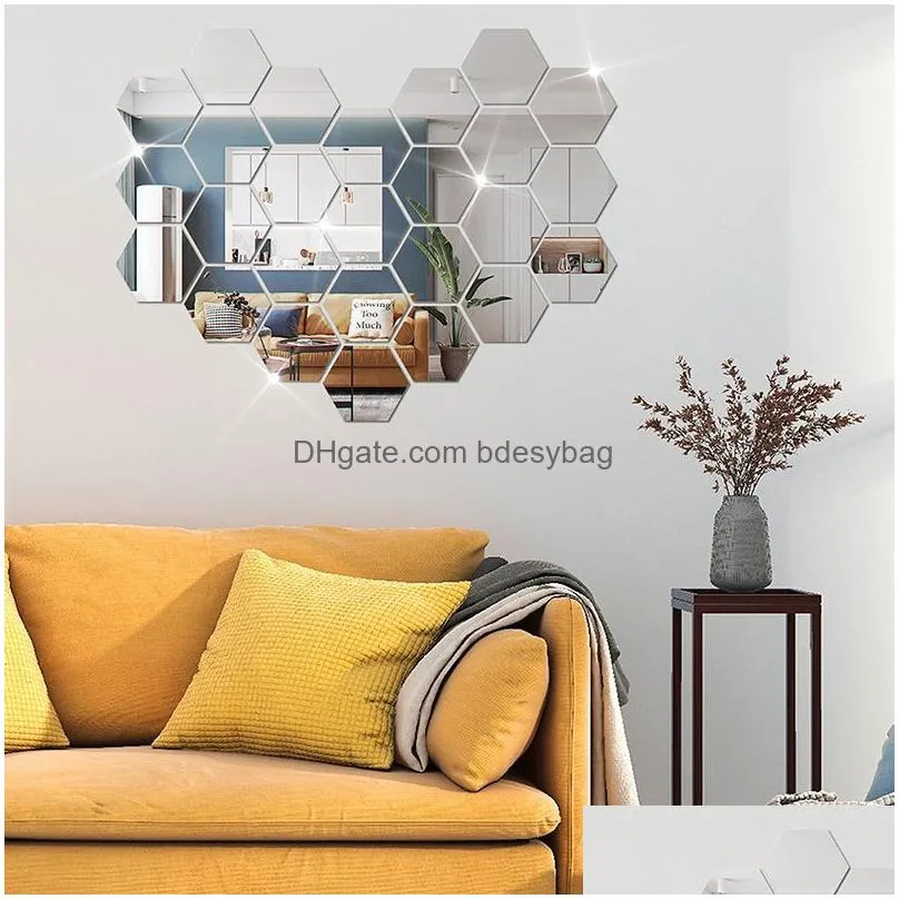 Wall Stickers Hexagon Mirror Acrylic Wall Stickers Diy Art Decoration Living Room Bedroom Bathroom Home Decor 12Pcs/Set Drop Delivery Dh0Ue