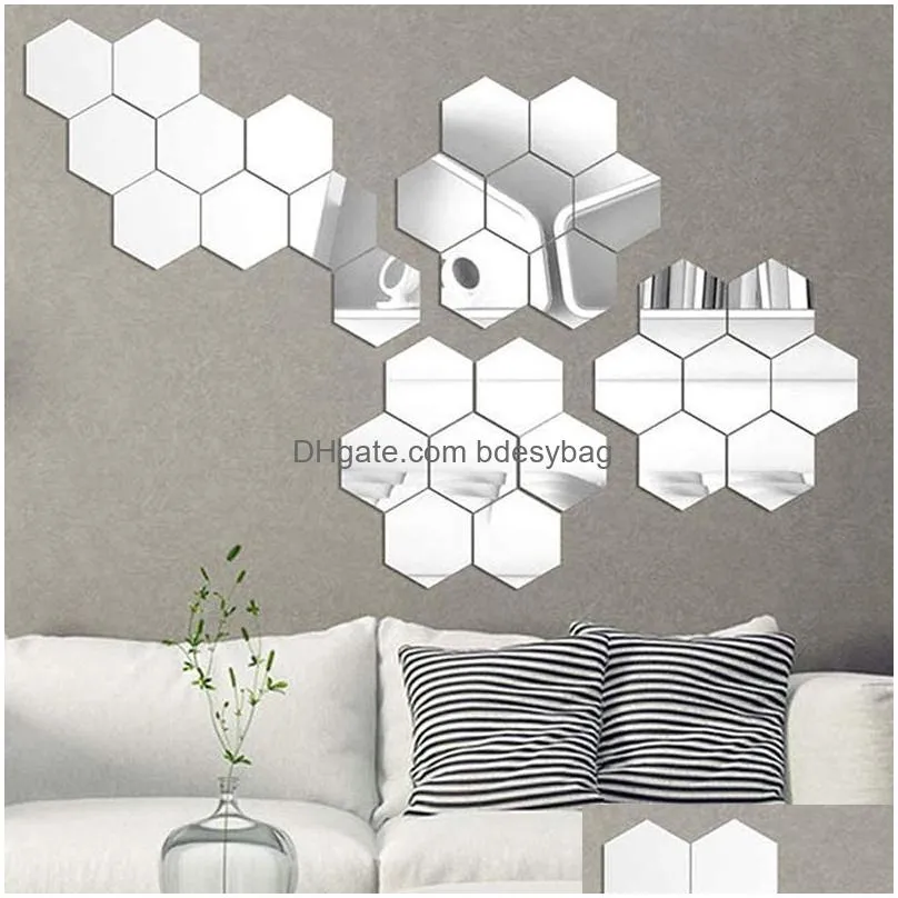 Wall Stickers Hexagon Mirror Acrylic Wall Stickers Diy Art Decoration Living Room Bedroom Bathroom Home Decor 12Pcs/Set Drop Delivery Dh0Ue