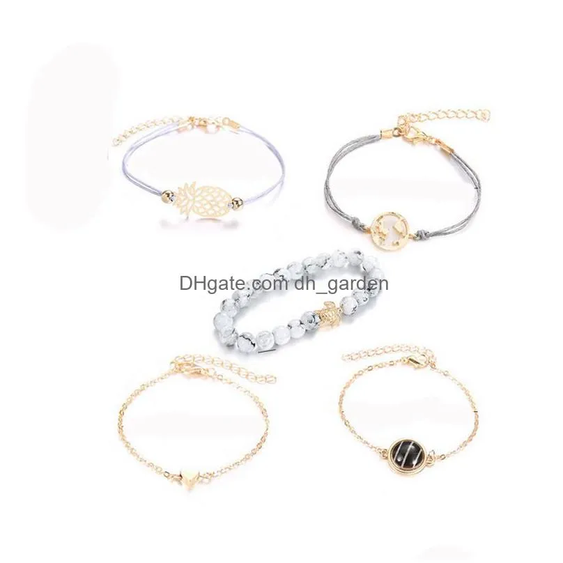 fashion pineapple heart black beads bracelet set women map turtle natural stone jewelry vintage beach party bracelet