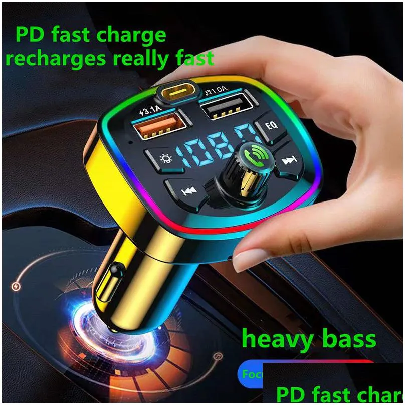 car fm transmitter bluetooth 5.0  mp3 music player pd 18w type-c dual usb 4.2a colorful ambient light cigarette lighter